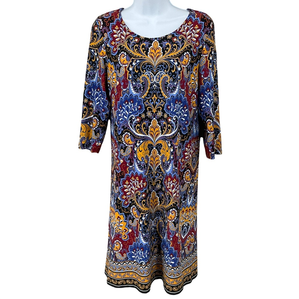 Talbots Shift Dress Women M Petite Multi Paisley 3/4 Sleeve Classic Boho Travel